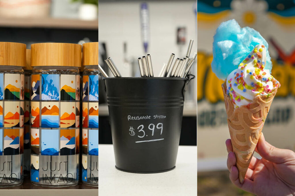 reusable water bottle\
metal straws
ice cream cone