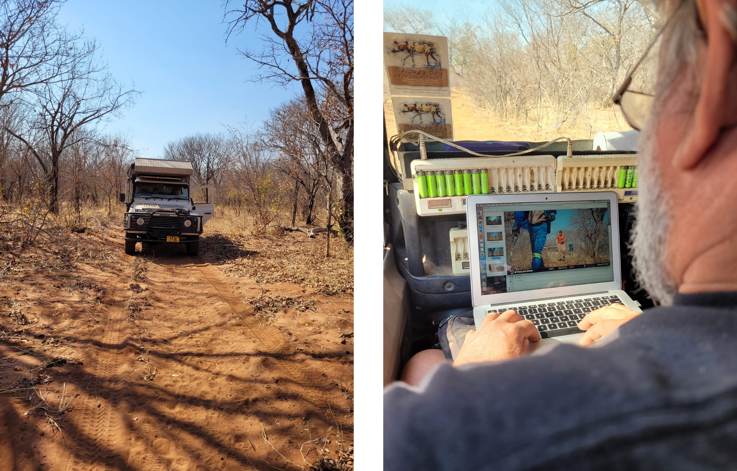 Left: a large truck on a dirt road surrounded by trees
Right: an over the shoulder view of a computer screen displaying footage from a trail. 